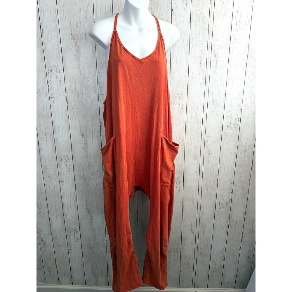 Free People Orange Solid Knit Jumpsuit M V-Neck Spaghetti Straps Pockets M